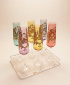 Pompöös by Casa Padrino Luxus Champagnerglas Set Bunt Ø 6 x H. 25 cm - Champagnergläser mit 24 Karat Vergoldung - Pompööse Gläser designed by Harald Glööckler