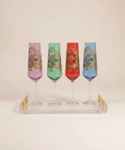 Pompöös by Casa Padrino Luxus Champagnerglas Set Bunt Ø 6 x H. 25 cm - Champagnergläser mit 24 Karat Vergoldung - Pompööse Gläser designed by Harald Glööckler