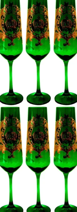 Pompöös by Casa Padrino Luxus Champagnerglas Set Dunkelgrün / Gold Ø 6 x H. 25 cm - Champagnergläser mit 24 Karat Vergoldung - Pompööse Gläser designed by Harald Glööckler
