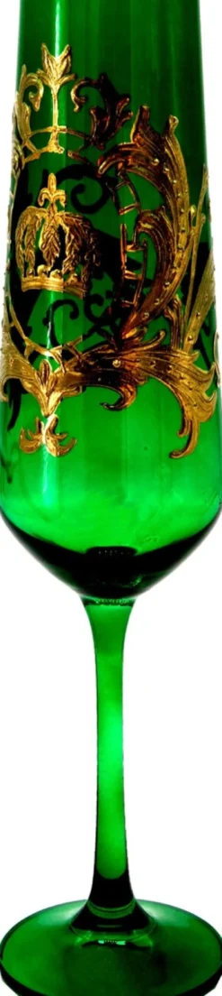 Pompöös by Casa Padrino Luxus Champagnerglas Set Dunkelgrün / Gold Ø 6 x H. 25 cm - Champagnergläser mit 24 Karat Vergoldung - Pompööse Gläser designed by Harald Glööckler