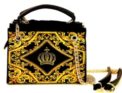 Pompöös by Casa Padrino Luxus Damen Handtasche Krone und Strass Steine Schwarz / Gold 25 x H. 20 cm - designed by Harald Glööckler