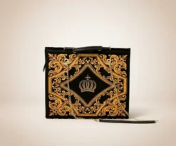 Pompöös by Casa Padrino Luxus Damen Handtasche Krone und Glitzersteine Schwarz / Gold 43 x H. 43 cm - designed by Harald Glööckler