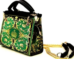 Pompöös by Casa Padrino Luxus Damen Handtasche Baroque Flowers mit Krone und Strass Steine Grün / Schwarz / Gold 25 x H. 20 cm - designed by Harald Glööckler