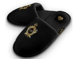 Pompöös by Casa Padrino Luxus Damen VIP Hotelslipper mit Krone Schwarz / Gold - designed by Harald Glööckler