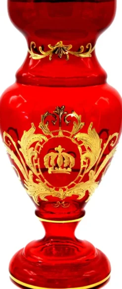 Pompöös by Casa Padrino Luxus Pokal Vase mit 24 Karat Vergoldung Rot / Gold Ø 14 x H. 30,5 cm - Pompööse Blumenvase designed by Harald Glööckler