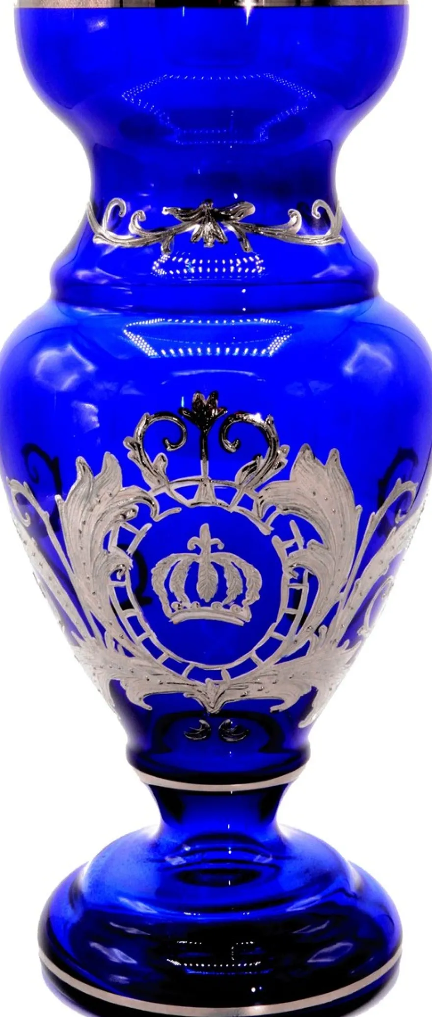 Pompöös by Casa Padrino Luxus Pokal Vase mit edler Platin Beschichtung Blau / Silber Ø 14 x H. 30,5 cm - Pompööse Blumenvase designed by Harald Glööckler