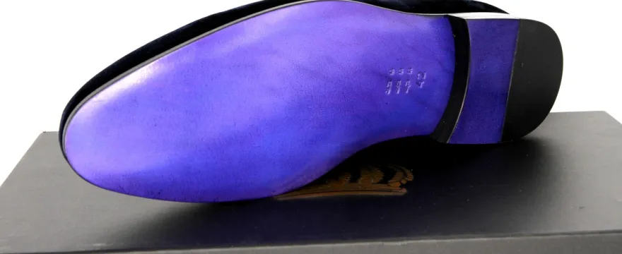 Pompöös by Casa Padrino Luxus Samt Slipper Krone Nachtblau / Gold - Verschiedene Schuhgrößen - designed by Harald Glööckler