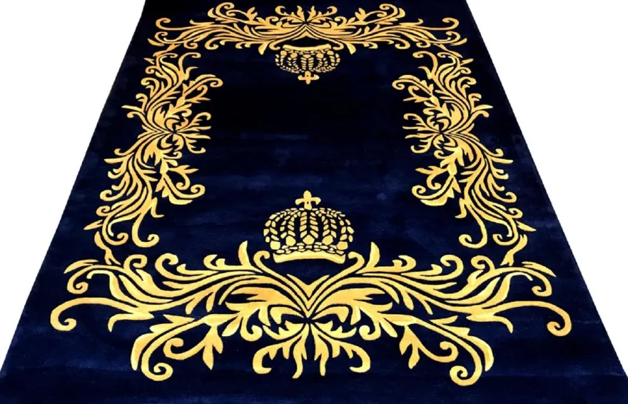 Pompöös by Casa Padrino Luxus Teppich von Harald Glööckler - ALLE GRÖßEN - Krone Royalblau / Gold - Barock Design Teppich - Handgewebt aus Wolle
